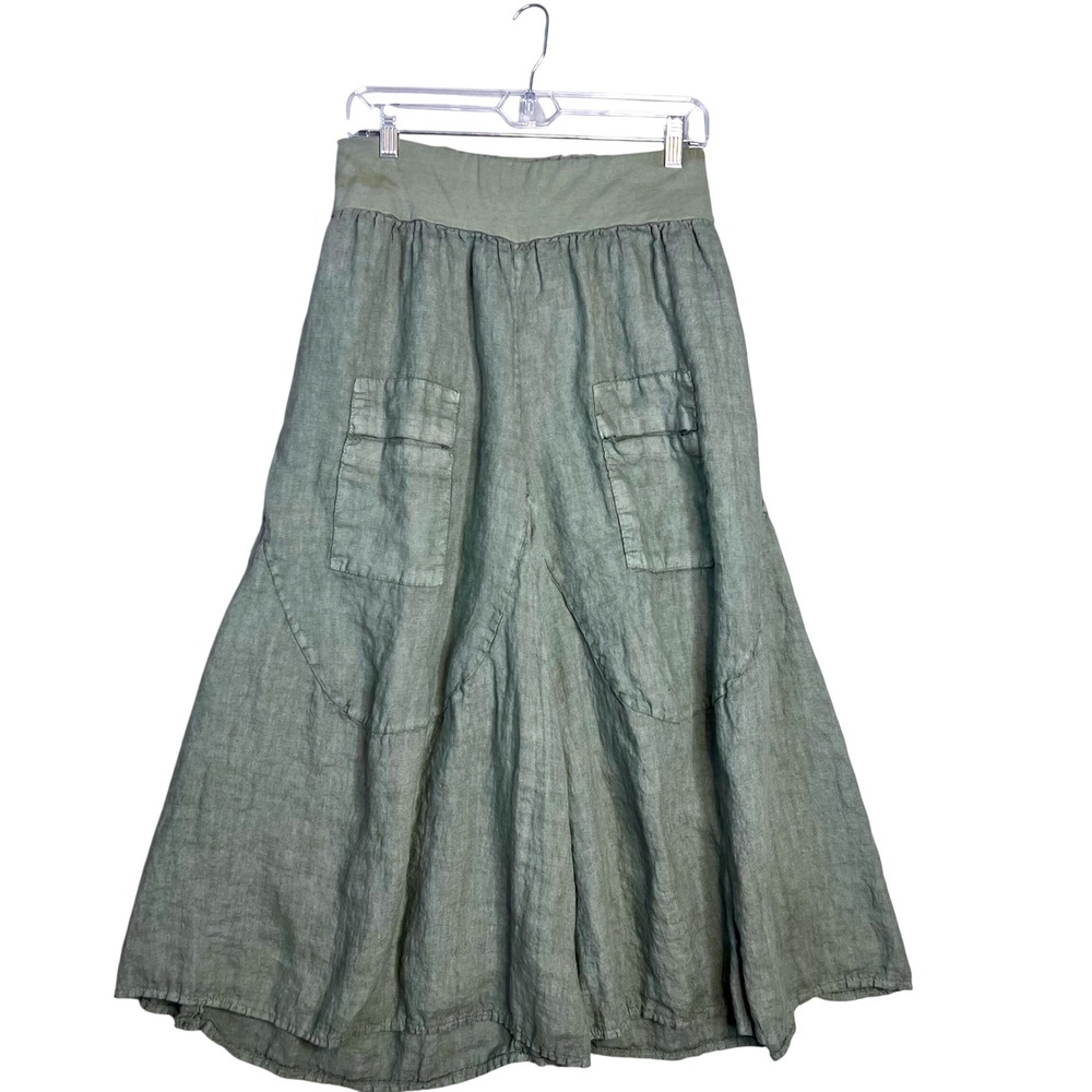 TG.U Italian Linen Culottes Sz M Sage Green Wide Leg Cargo Pocket Lagenlook Pant